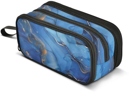 Federmäppchen aus Marmor in Blau und Gold, großes Fassungsvermögen, Stifttasche für Jungen und Mädchen, 3 Fächer, Federmäppchen, Studenten, Schreibwaren, Organizer, Marker-Etui für Schule, Büro,