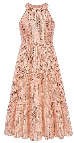 GRACE KARIN Girls Sparkly Maxi Dress - Sleeveless Neck-Hanging Sequin Dress in Rose Gold for 6 Years