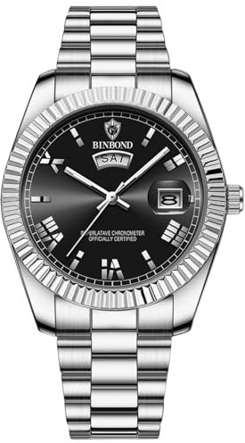 JewelryWe Herrenuhr Edelstahl Leuchtend Uhr: 30m Wasserdicht Woche Datum Kalender Analog Quarz Armbanduhr Herren Silber Edelstahlarmband Uhr mit Leuchtzeiger & Schwarz römischen Ziffern Zifferblatt