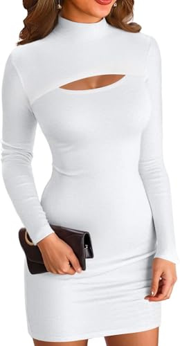 ELFIN Mini Robe Moulante côtelée à Manches Longues et col Montant pour Femme Couleur Unie Blanc., M
