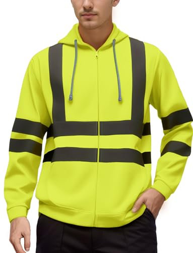 AIEOE Herren Warnjacke Winter Outdoor Arbeitsjacke Reflektoren Hi-Viz Sweatshirt mit Innenfleece Reißverschluss Warnschutz Hoodie Jacke Pullover Sicherheitsjacke Warnschutzjacke - S