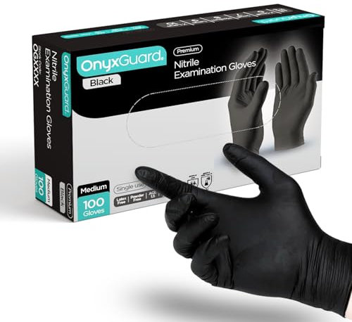 OnyxGuard Black Medical Grade Nitrile Examination Gloves - Multipurpose, Powder Free and Latex Free Disposable Gloves - Box of 100, Large