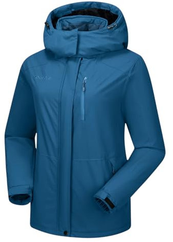 OutPro Skijacke Damen Wasserdicht Snowboardjacke Winterjacke Hooded Warm Winterjacke Dickes Gänsedaunenfutter Doppelte Seitentaschen Wanderjacke mit Reißverschluss für Outdoor-Aktivitäten Blau 2XL