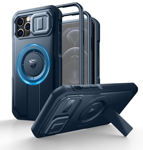 Dexnor Kompatibel mit iPhone 12/12 Pro Hülle mit Kameraabdeckung Schieben & Einstellbarer Kickstand & Integrierter Displayschutz, Robuste stoßfeste Bumper Heavy Duty Mangetic Schutzhülle - Marineblau