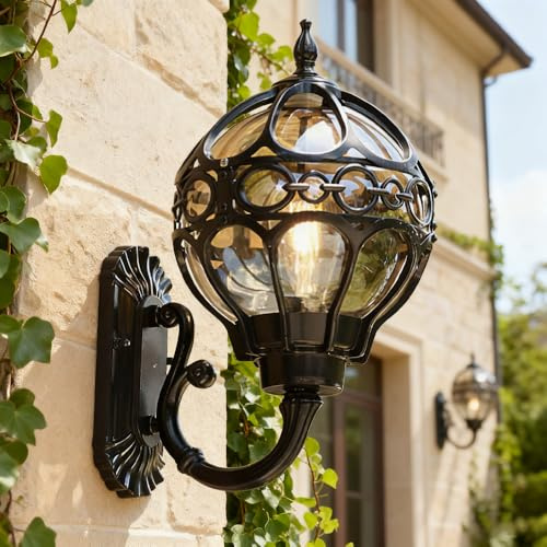 XINYASEE Applique murale d'extérieur Globe, applique murale lanterne en métal noir avec abat-jour en verre transparent,adaptée à l'éclairage de jardin,de porche,d'entrée de porte d'entrée(Noir-Grand)