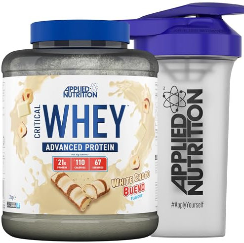 Applied Nutrition Critical Whey Protein Powder 2kg + Plastic Shaker - High Protein Powder, Muscle Building Supplement with BCAAs & Glutamine (2kg - 67 Servings) (White Choco Bueno)