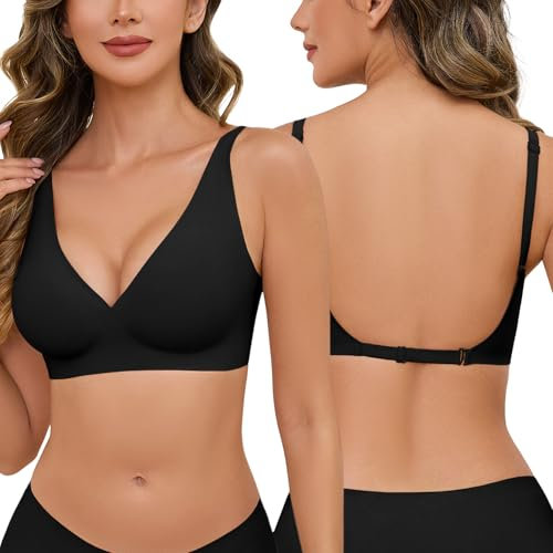 Tuopuda Reggiseni Schiena Scoperta Donna Reggiseno Invisibile Senza Ferretto Reggiseni Senza Cuciture Fili a V Profondo Push Up Comodo Multiway Bretelle Convertibili(Nero,S)