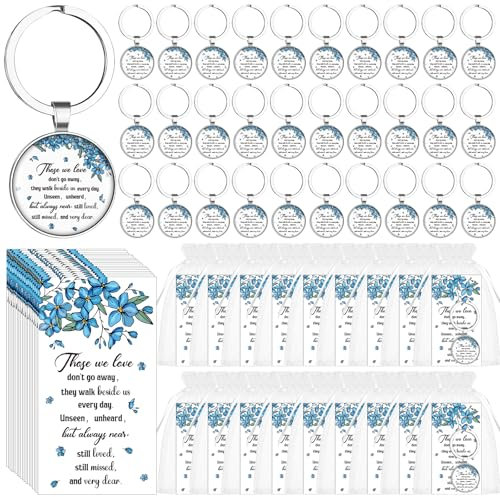 CNSJ Forget Me Not Memorial Keychain Funeral Favors with Flower Key Ring Bulk Remembrance Cards Organza Bags for Loss of Loved One Memorial Service Guests Keepsakes (30)