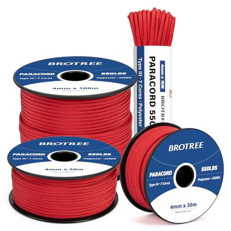 Brotree 550 Paracord 4mm 15m Rope Type III 7 Strands 100% Polyester Parachute Cord for Crafting, Camping, Outdoor, Survival - Red
