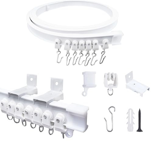 FOGAWA 2m Vorhangschiene wandmontage mit 16 S Haken, Wandvorhangschiene, Flexible Gardinenschiene, Gebogen, Wandschiene für Duschvorhangstange, Raumteiler, Vorhangschienensystem mit Wandhalterung Weiß