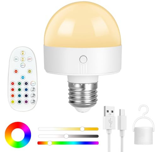 HOTUT Rechargeable Light Bulbs with Remote,E26/E27 Battery Light Bulb,RGB Color Changing Bulb with 3 Memory Function,15 Color Choices,Dimmable Battery Powered Light Bulbs for Non Hardwired Lamps