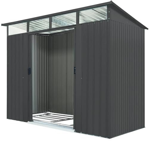 Pergart Gerätehaus Lübeck 86 Holzoptik, Anthrazit & Grün | 4,05 m² mit Pultdach & Lichtband | Aus verzinktem Stahl | Abschließbare Schiebetüren | Wetterfest & Stabil