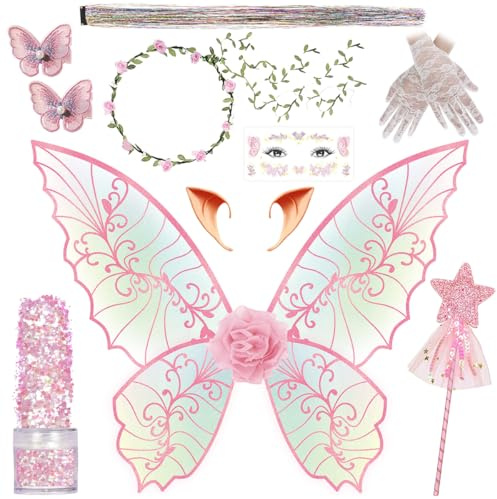 Feenflügel für Erwachsene und Frauen, Blumengirlande, Sternstäbe, Haar-Lametta, Elfenohren, Feenkostüm, Halloween, Cosplay, 13 Stück, Rosa