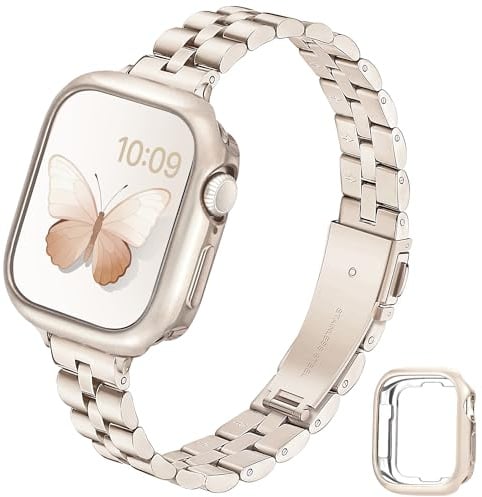 G-ficu Thin Metal Straps with Case for Apple Watch Straps Women 44mm 45mm 42mm 40mm 41mm 38mm, Slim Stainless Steel iWatch Strap with Protective Cover for Apple Watch Strap Series 9 8 7 6 5 4 3 2 SE 3
