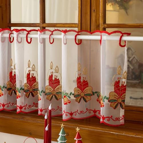 Vordesack Weihnachten Scheibengardine mit Stickerei, für Küchenfenster | Weihnachtliche transparente Halbvorhang mit Lochleiste 1 Stück Glocke HxB 50x300cm, für Küche, kleines Fenster, Wohnzimmer