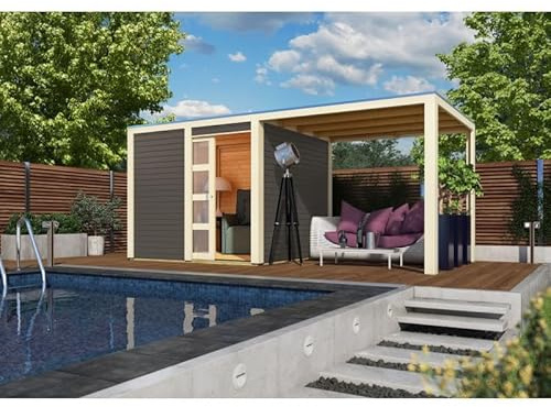 Karibu Abri de Jardin Bois Massif 19mm Qubic | 11,65m² avec Appentis 5,6m² | Toit Plat Gris Terre | Porte Coulissante Plexi | Kit Embase Autoclave Inclus