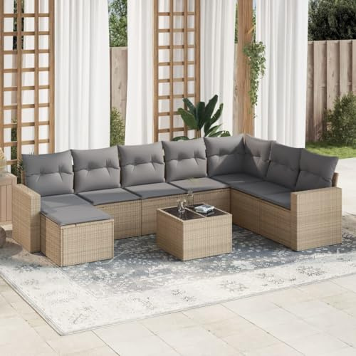 Holamys 9-TLG. Garten-Sofagarnitur Beige aus robustem Poly Rattan, Outdoor-Möbel Lounge-Gruppe für Terrasse und Balkon, wetterfest mit bequemen Kissen und Hartglas-Tisch, modulares Gartenmöbel-Set