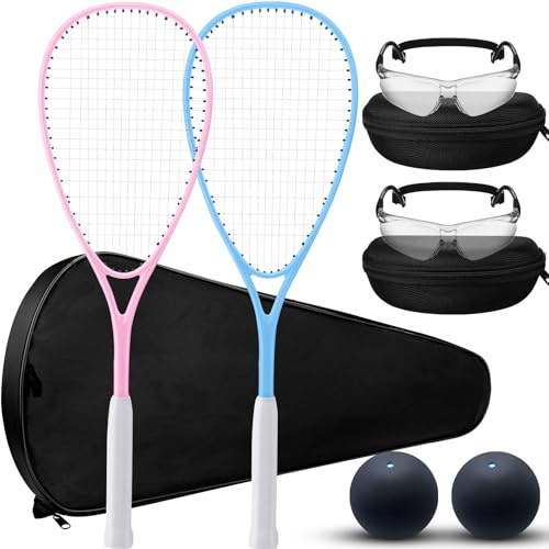 Seenelling 2 Pack Beginner Squash Racquet Set Includes 2 Racquets with Racket Bags 2 Anti Fog Goggles with Cases and 2 Blue Dot Squash Ball for Beginners Training Recreational Play (Blue, Pink)