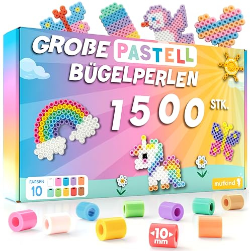 MUTKIND® 1500x Bügelperlen Groß 10mm [10 Tolle Pastell Farben] - Für Kinder ab 3 Jahren - Extra Leicht zu Greifen - XL Große Bügelperlen Maxi Steckperlen Set - Inkl. 50 kreativen Vorlagen zum Download