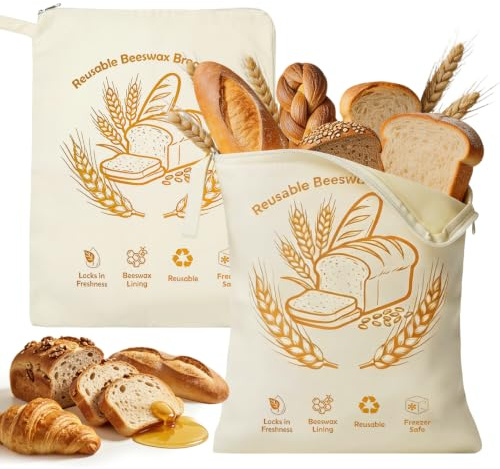 2 Piezas Bolsa de Pan de Cera de Abeja con Cremallera 43x33cm, Reusable | Bolsa de Almacenamiento Algodón Frescura, Apertura en L, para Guardar Pan y Panadería