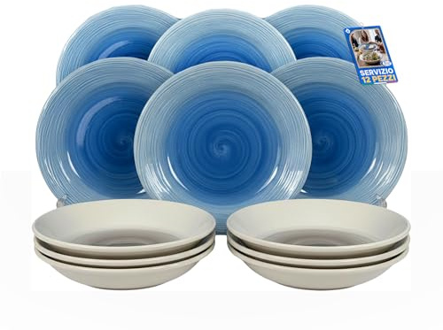 Sicignano Set Piatti in Ceramica Bianco e Azzurro, 12 Pezzi, Made in Italy, Rigatura Effetto Acquerello, Lavabile in Lavastoviglie