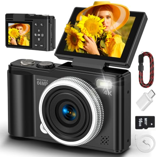 Digital camera, 4K 64MP Compact Digital Camera with Autofocus and Macro Function, 180° flip-up screen portable selfie cameras for photography and video with Micro SD Card for Beginners Teens