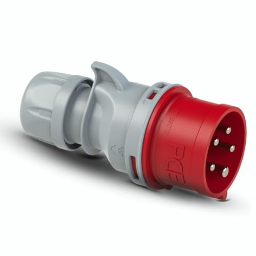 PCE 7025-6TT CEE-Phasenwender Stecker 32A 5-polig 6h IP44/IP54 Shark TT | Industriestecker rot | Kraftstromstecker für Maschinen & Baustelle | PA6 Gehäuse, vernickelte Kontakte
