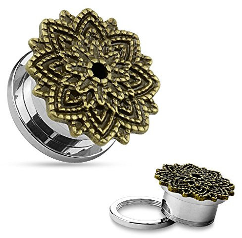 BlackAmazement Flesh Tunnel Plug Inlay Piercing 316L Manish Lotus Schwarze Tribal Blume Flower Herren Damen (Modell Manish Lotus Flower - 16 mm)