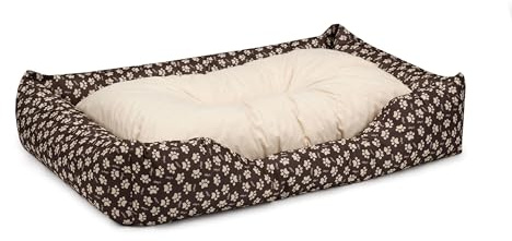 BedDog Hundebett Mimi, Hundesofa aus Cordura, Microfaser-Velours, waschbares Hundebett Vier-eckig mit Rand, Hundekissen für drinnen, draußen, XL, braun-beige mit Pfoten