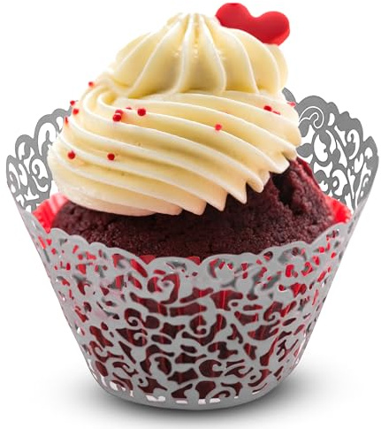 Trimming Shop Silver Cupcake Wrappers Laser Cut Floral Design Paper Cup Holders, Muffin Cup Liners for Weddings, Baby Showers, Birthdays, Anniversaries & Special Events (Pack of 25)