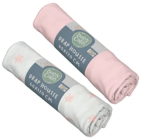 BabyCalin - Lot de 2 draps housse 60 x 120 cm Etoile Rose/Uni Rose rosecertifié OEKO-TEX