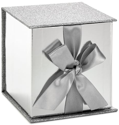 Hallmark Small Gift Box with Bow and Shredded Paper Fill (Silver Signature 4 inch Gift Box with Glitter) for Weddings, Graduations, Bridal Showers, Anniversaries, All Occasion
