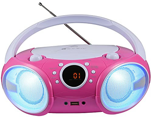 SINGING WOOD Lecteur CD Boombox CD/CD-R/CD-RW, Portable avec Bluetooth, USB, Radio AM/FM, entrée AUX, Prise Casque, poignée de Transport Pliable et lumière LED (Kitty Pink)