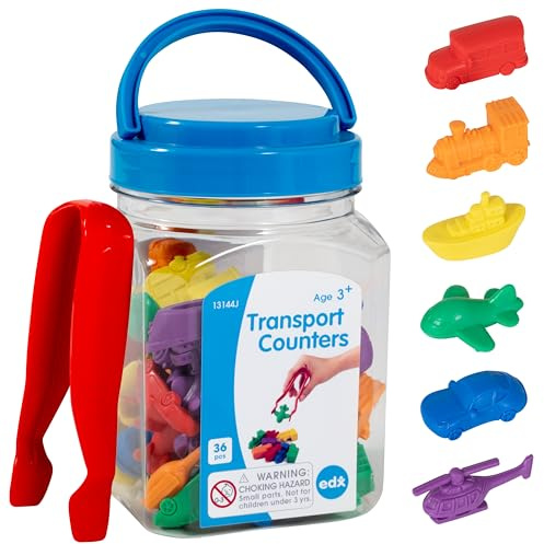 edxeducation Transportzähler - Minidose - Set mit 36 Stück - Zählen, Farben, Sortieren und Reihenfolgen lernen - interaktives Mathe- und sensorisches Material für Kinder