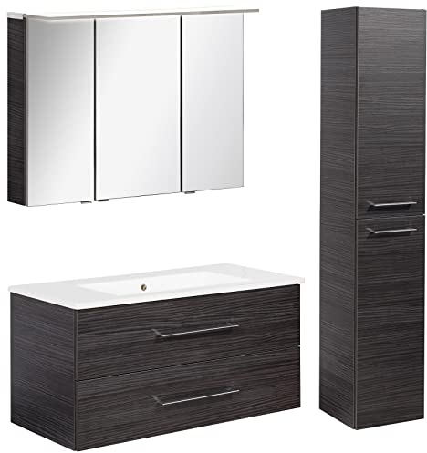FACKELMANN Dunkles Badmöbel Set B.Perfekt 3-TLG. mit Waschtisch Unterschrank inkl. Keramikbecken hängend 100 cm & LED Spiegelschrank