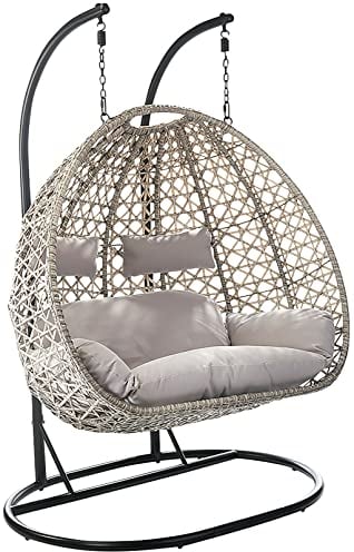 Kobolo Hängekorb Hängesessel Polyrattan für Zwei Personen inkl Gestell und Kissen Beige Innenbereich geschützter Außenbereich