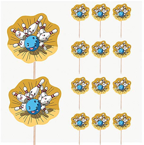 AK Giftshop Ten Pin Bowling - Birthday - Event - Party Food - Cake Cupcakes - Picks Sticks Decorations Toppers Stand Up Food Flags (pack of 14)