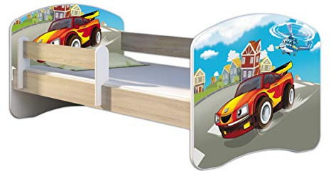 ACMA Kinderbett 180x80 Jugendbett mit Matratze, Farbe Sonoma mit Rausfallschutz Lattenrost II Spielbett Kinderzimmer Möbel, 03 Racing Car