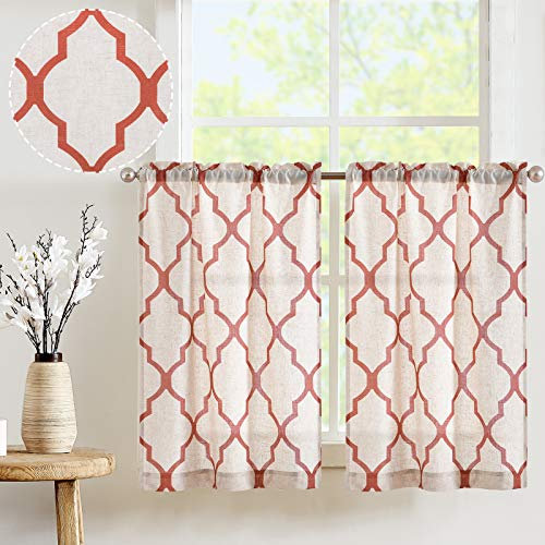 TOPICK Linen-Optik Gardinen Geometrische Scheibengardinen Marokkanische Vorhänge Verdunklung Küchenvorhang Kurz Küchengardinen für Küchen Esszimmer Badezimmer Klein Fenster Rot 2er Set 65 x 60 cm