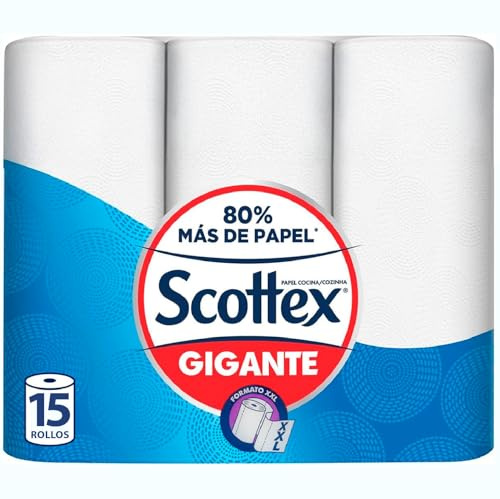 Scottex Papel de Cocina Gigante | 15 Rollos XXL con 80% Más de Papel | Rollo de Cocina Multiusos, Alta Absorción y Resistencia | Certificación FSC | Formato Ahorro