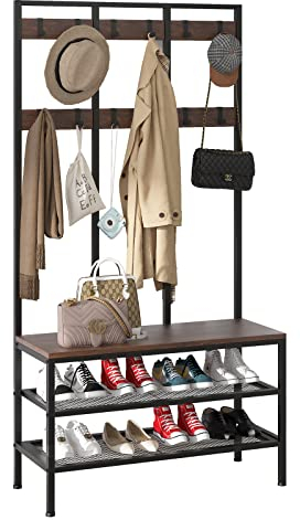Dripex Großer Garderobenständer Garderobe mit Sitzfläche Kleiderständer mit 12 Abnehmbarer Kleiderhaken und Schuhregal aus Metall Holz Flurregal 100x40x184cm Vintagebraun