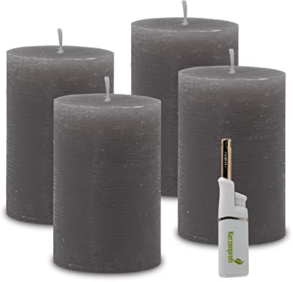 DecoLite: 4 x Rustik Polar-Stumpenkerzen 100/68 mm. Brenndauer ca. 45 Stunden. inkl. Kerzenprofi Stabfeuerzeug - Deutscher Markenhersteller - RAL Zertifiziert (schiefer)