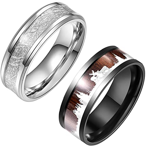 TUNGSTORY Herren Damen Edelstahl Ring 2 Stück Holz Inlay Hirschmuster, Silber Nachgeahmtem Meteoriten Ring Polierte Jubiläumsring Größe 57 (18.1)