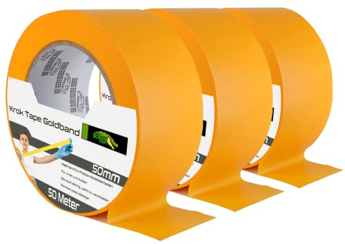 KrokTape Malerkrepp 50m Malerband Gold Kreppband 50mm - Goldband Maler Klebeband Für Scharfe Kanten - Abdeckband für Malerarbeiten und Auto Lackierung [3 Rollen]