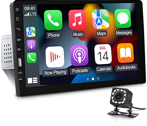 1 Din Car Radio con Apple Carplay/Android Auto - 9 pollici Touch Display Media MP5 Player con Bluetooth USB FM Receiver Microphone + cámara de visión trasera
