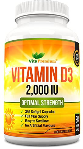 Vitamin D 2,000 IU, Optimal Strength Vitamin D3 Supplement, 365 Easy to Swallow Softgels - Full Year Supply