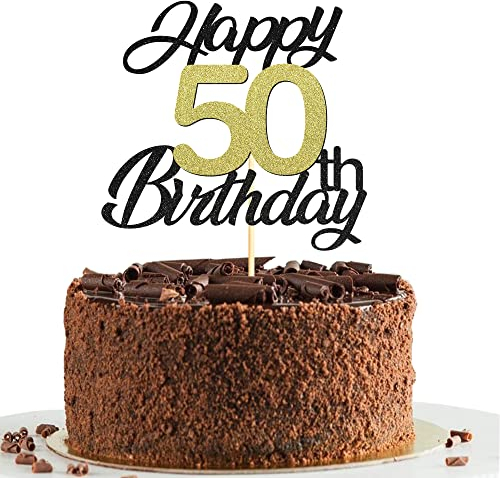 50th Birthday Cake Toppers,Black&Gold Glitter Cake Decorations,Happy 50th Cake Toppers for Men Women Birthday Themed Party,1PC