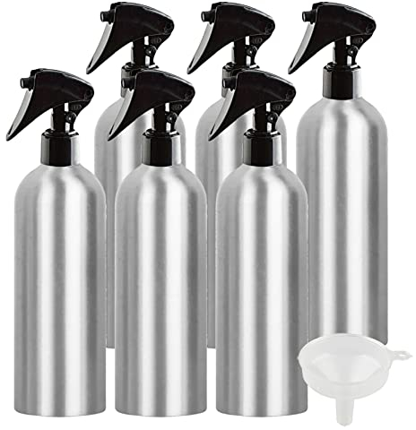 ZEOABSY 6 Pezzi Vuoto Spruzzino con Flacone in Alluminio 500ml, Spruzzatore per Acqua in Alluminio, Bottiglia con Erogatore Spray Nero per Parrucchieri, Giardino, Casa + 1 Pezzi Imbuto