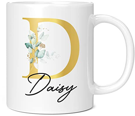 Personalised Letter D Floral Mug Initial with Name, Customised Gift, Gold Effect Printed Letter, NOT Metallic - Ceramic Coffee Cup for Men or Women, Extra Large and Giant Mug, 11oz White Mug