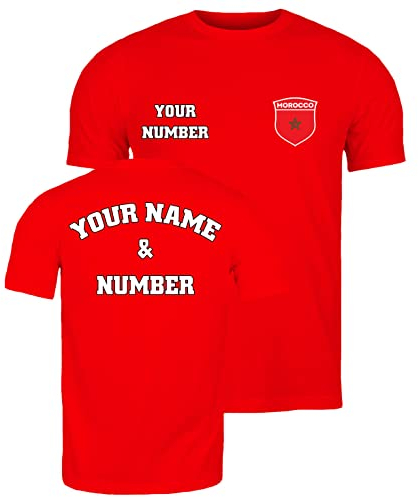 lepni.me Herren Marokko Fußball Shirt mit Ihrem Namen und Nummer | Marokkanische Flagge Abzeichen Personalisiertes Trikot Weltmeisterschaft 2022 (L Rot Mehrfarben)